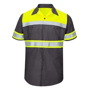 High Visibility Shirt Short Sleeve Reflective Workwear Navy Yellow Stripe Design Customized Logo - Product Image 4