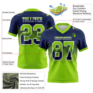 Maillot de football américain 100% polyester avec motif carré unique en maille dégradée bleu marine et vert néon, manches courtes, unique - Product Image 2