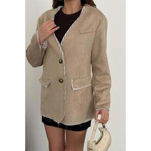 Beige Striped Lined Trimmed <b>Suede</b> <b>Jacket</b> - Beige - Product Image 4