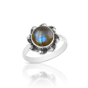 925พลอยลาบราดอไรต์ไฟสีน้ำเงินแหวนแต่งงานสไตล์โบฮีเมียนสีเงินสเตอร์ลิงดีไซน์ดอกไม้ออกซิไดซ์ฟรีไซส์สำหรับเป็นของขวัญให้กับภรรยา - Product Image 1