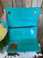 Dompet kulit pirus unik dengan perkakas mewah unik jendela Id desainer kartu kredit gaya Barat dompet kulit asli