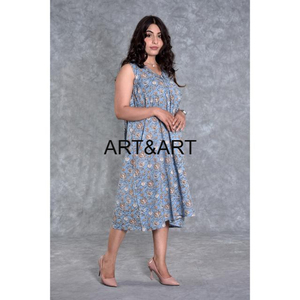 Robe mi-longue en coton faite à la main pour femmes pour les vacances d'été robe de sorties en coton décontracté imprimé avec poches - Product Image 4