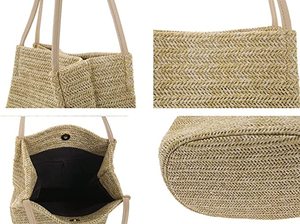Sac fourre-tout en paille pour femmes grande capacité Shopping fourre-tout bohème sac à bandoulière voyage sac de plage avec doublure OEM - Product Image 6