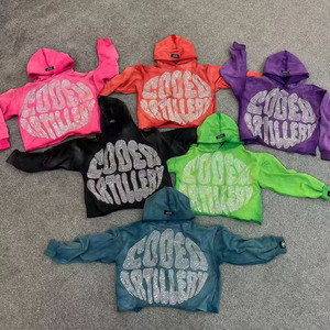 Sweat à capuche en coton mélangé avec strass délavé à l'acide à prix d'usine pull à capuche décontracté à ourlet brut - Product Image 6