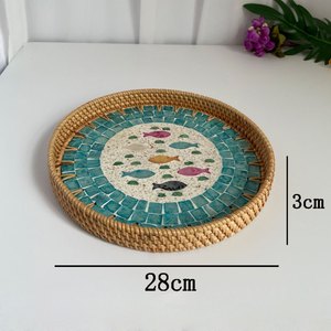 ขายร้อน 2024 ตกแต่งถาดหวายโมเสคทอมือรอบแม่มุกฝังถาดหวายจากบัวสีฟ้าเวียดนาม - Product Image 3