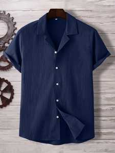 100% Organic Cotton Anti-Wrinkle Breathable Poplin V-neck Short Sleeve Casual <b>Shirt</b> Embellished Non-Stretch Summer Men's - Product Image 2