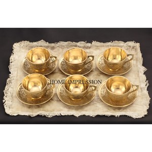 Vintage Designer Engraved Gold Plated <b>Set</b> of 6 Brass Made <b>Tea</b> <b>Cup</b> <b>and</b> <b>Saucers</b> Table Centerpiece Kitchenware Dinnerware Supplies - Product Image 1