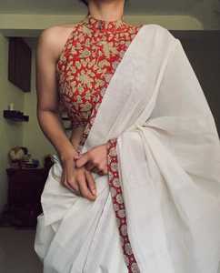 Sari de Algodón Chanderi Marrón Tejido a Mano con Blusa Kalamkari en Contraste, Sari Digital para Fiestas de Verano - Product Image 5