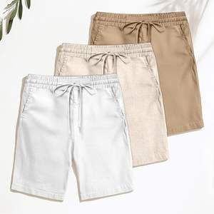 Lot de 3 shorts en coton et lin pour hommes, taille élastique, avec cordon de serrage, short de plage d'été au genou avec poche - Product Image 5