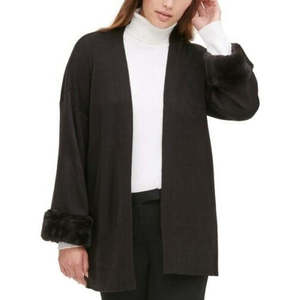 Cardigan Casual da Donna Calvin Klein in Acrilico Nero Taglia Large con Cappuccio, Polsini in Ecopelliccia e Decorazione a Bottoni - Product Image 1