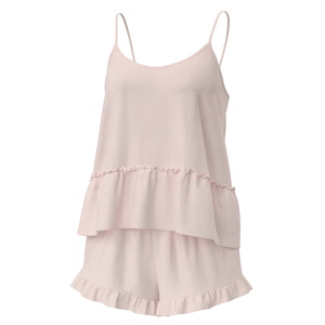 Ensemble de pyjama en satin côtelé respirant pour femme avec ourlet à volants, caraco et short, idéal pour se détendre et dormir - Product Image 1