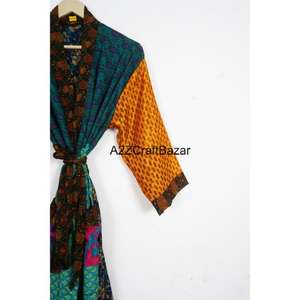 Handmade Boho Style Women's 100% Silk Luxury <b>Kimono</b> <b>Robe</b> Patchwork Design Drawstring Closure Full Length <b>Long</b> Soft Breathable - Product Image 3