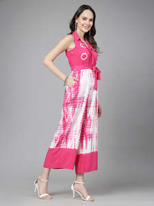 สีชมพูและสีขาวมัดย้อม Culotte Jumpsuits เสื้อคอแขนกุดเอว Tie-ups ตะขอปิดเทศกาลผลิตภัณฑ์จํานวนมากชุดทําด้วยมือ - Product Image 2