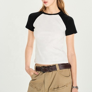 Summer New American Style Slim <b>Raglan</b> Sleeve Crop <b>Top</b> Fit Cropped T-Shirt Solid Ribbed Crew Neck Tee for Women Street Style - Product Image 2