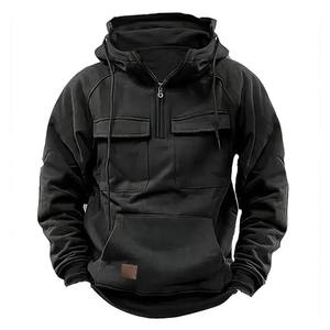 Wholesale <b>Half</b> Zipper Male Hooded <b>Jackets</b> Solid Warm Fleece Sweatshirts with Multi-Pockets Thick Outdoor Polar Winter Clothing - Product Image 1