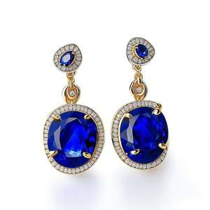 Boucles d'oreilles en pierres précieuses bleues Hydro et CZ |   Rond et ovale de 7 mm |   Argent sterling 925 plaqué or 18 carats |   4,5 pouces, 12 GM Vêtements de mariage - Product Image 6