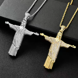 Pendentif Croix de Jésus Religieux pour Homme avec Diamant de Laboratoire de Taille Ronde de 2 Pouces, Bijoux en Argent Plaqué pour Mariages et Fiançailles - Product Image 1
