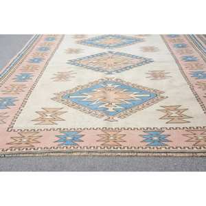Tapis Turc Vintage Traditionnel Bleu Beige 4.8x6.7ft Fait à la Main en Peluche PP Laine Viscose Patchwork Latex Rectangle Couloir Design - Product Image 3