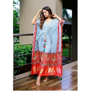 Kaftan de maternité indienne ethnique robe Maxi pure Gaji soie Bandhej impression numérique Gotta Patti dentelle bordure glands musulman longue lourde - Product Image 1