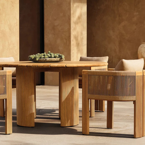 Scandinavian Outdoor Dining <b>Table</b> <b>Solid</b> Teak <b>Wood</b> Slatted <b>Table</b> <b>Top</b> with Fluted Pedestal Base Garden Patio Resort Furniture - Product Image 5