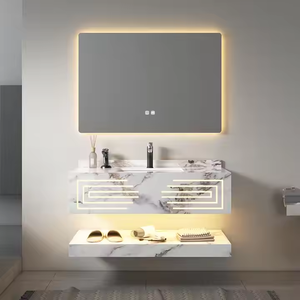 Mueble de Baño Moderno de Lujo con Lavabo de Pizarra, Gabinete Flotante de Pared, 2 Estantes, Tiradores de Acero Inoxidable, Hecho de Madera - Product Image 2