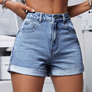 Shorts en jean délavé taille mi-haute pour femme, ourlet roulé, décontracté, respirant, avec poches, style estival personnalisé, mode urbaine, vintage et sexy - Product Image 5