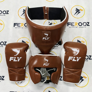 Conjunto de Boxeo y Sparring Fly Brown White Super Lace MMA, Cuero Vacuno Genuino, Protector de Cabeza y Protector Inguinal Personalizables - Product Image 1