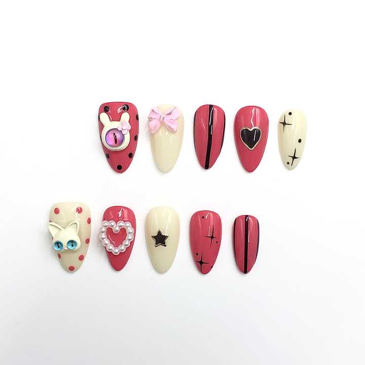 Luxury Chic Aura Press-On Nail Set Short Coffin Pink Cartoon Style Fashionable Square Pattern Long Tips Glue Included for Finger