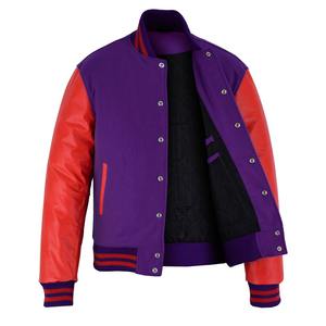 Blouson bomber pour homme en violet avec manches en cuir rouge, logo personnalisé, streetwear, uniforme d'équipe, vêtement d'extérieur d'hiver, imperméable, écologique, épais - Product Image 3