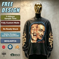 T-shirt à manches longues surdimensionné en coton épais, effet vieilli, avec impression numérique de logo personnalisé, style streetwear vintage délavé à l'acide, haute qualité