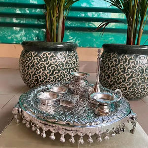 HF INDUSTRIES Antique German Silver Traditional Microwave <b>Safe</b> Combo Pooja Thali Set Cup for Festival Wedding Reasonable Price - Product Image 1