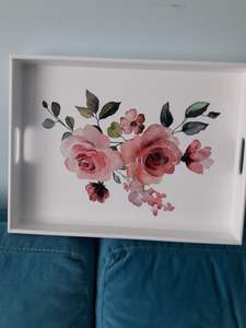 Ensemble de plateaux de service carrés en MDF blanc, motif floral magnolia, avec poignées, pour cuisine, table basse, organisateur de nourriture et de boissons, base en bois - Product Image 3