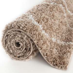 Moroccan Beige Shaggy Rug 820-Machine Made Living Room Carpet Abstract Striped <b>Hallway</b> Entryway <b>Mat</b> - Product Image 5