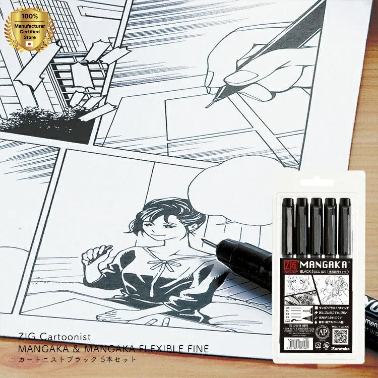 ZIG Cartoonist MANGAKA Millipen Black Set Of 5 Fine Tip Pen