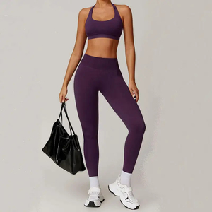 Purple Yoga Set 2 Piece Racerback Crop Top High Waist Full Length <b>Leggings</b> Seamless Spandex Polyester Women's Activewear - Product Image 2