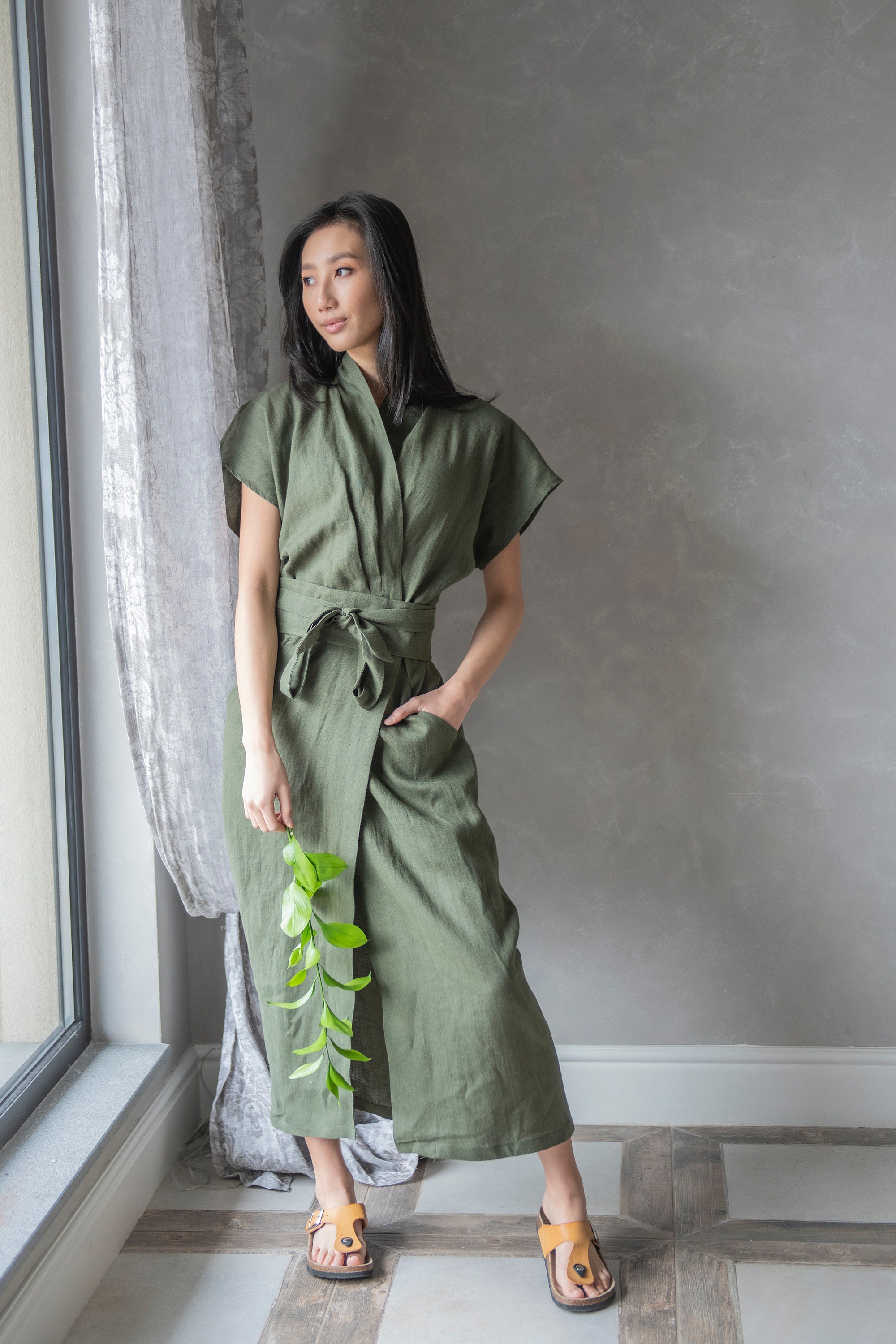 High Quality Kimono Linen Wrap Dress Green Linen Kimono Wrap Dress Linen  Elegant Long Kimono Oversized Clothes for Women| Alibaba.com