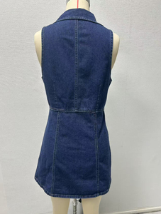 Robe d'été décontractée en jean pour femme, coupe ajustée, mini-robe, respirante, sans manches, col halter, sexy, col en V, boutons - Product Image 4