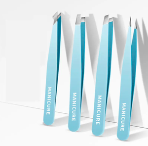 Pince à épiler professionnelle en acier inoxydable pour sourcils et cils, 4 pièces, personnalisable avec logo, haute qualité, à pointe inclinée et plate pour un fini impeccable - Product Image 1
