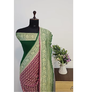 Sari en Georgette Khaddi Banarasi traditionnel tissé à la main, tissu doux, élégant, tissage Zari, style drapé luxueux, pour les fêtes - Product Image 2