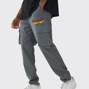 Venta al por mayor 100% pantalones de chándal de algodón para hombre logotipo bordado personalizado color gris sólido 4 bolsillos pantalones de chándal holgados de calle para hombre - Product Image 1