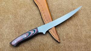 Cuchillo de filetear hecho a mano con hoja de acero D2, mango de madera y funda de cuero, cuchillo para exteriores - Product Image 2
