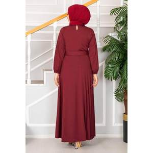 Asmara <b>Burgundy</b> <b>Belted</b> Hijab Dress Modest Style with Pattern Decoration - Product Image 1