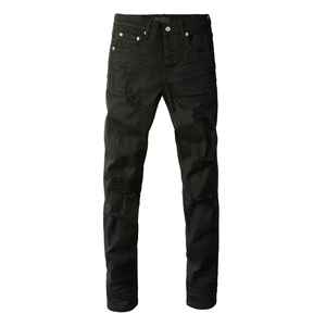 High Street-Jeans negros desgastados para hombre, alta calidad, cintura media, tiro bajo, flaco, marcas de mezclilla, suavizante, botón de tela, cierre de mosca - Product Image 1