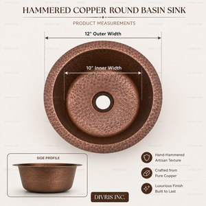 DIVRIS Lavabo de Cobre Martillado Hecho a Mano, Moderno, de Una Sola Pieza, Superficie Pulida, Fácil de Limpiar, Grosor de 1.2-3.0mm, para Encimera de 12 Pulgadas - Product Image 6