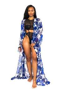 Summer Ladies' <b>Long</b> Beach Kaftan <b>Sleeve</b> Center Slit Waist Multicolor Printed Chiffon Rhinestone Technique <b>Long</b> <b>Sleeve</b> Beach - Product Image 2