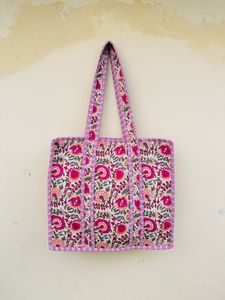 Handmade 100% Cotton Vintage Quilted Shopping Tote <b>Bag</b> Block Printed Floral Mini Beach <b>Bag</b> Zipper Women Spring Summer Shoulder - Product Image 6