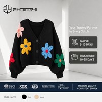Cardigan en tricot pour femme, style bohème, en laine/nylon, à col en V, manches longues, anti-plis, avec broderie et logo frontal, idéal pour le quotidien