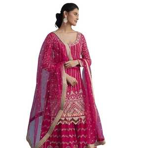 Designer Pink Silk Georgette Sharara Set with <b>Mirror</b> Sequins and Zardosi Embroidery for Women Wedding and Party - Product Image 5