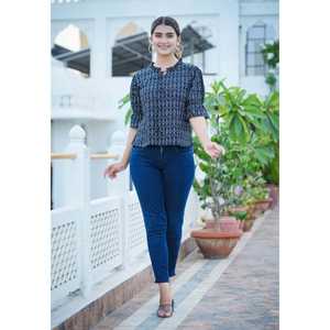 Top de mujer de punto Jamdani geomatrical otoño regular con media manga color negro - Product Image 5