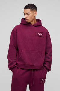 Sudadera con Capucha Extra Grande de Color Borgoña con Logotipo Personalizado, Estilo Holgado, Lavada, Gruesa, con Lavado Ácido, Estilo Vintage, con Apliques - Product Image 2